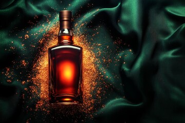 Poster - Luxurious bottle of amber liquid on dark green fabric.