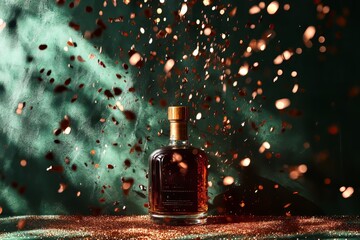 Poster - Dark green backdrop showcasing a bottle with festive elements.