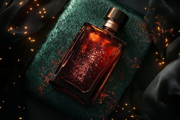 Poster - A rectangular perfume bottle resting on a dark teal surface.