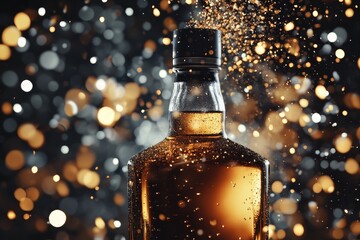 Poster - Close-up shot of a bottle of amber liquid with water droplets.