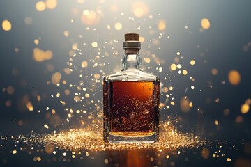 Poster - Elegant liquor bottle amidst shimmering golden particles.