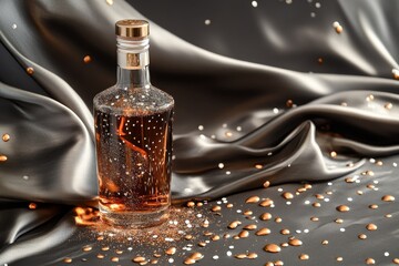 Poster - Elegant glass bottle on draped dark gray fabric.