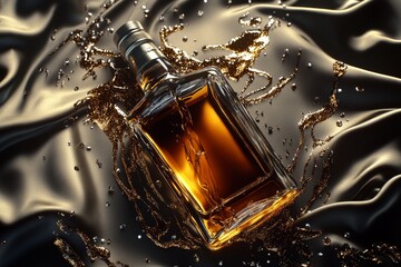 Poster - Luxury perfume bottle with golden liquid splashes on dark fabric.