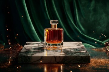Poster - Elegant amber perfume bottle on a marble platform.