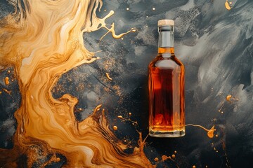 Poster - Elevated view of a glass bottle on a dark, marbled surface.