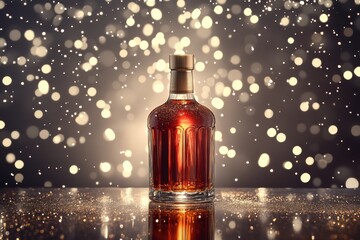 Poster - Elegant liquor bottle on a sparkling surface, illuminated by festive lights.
