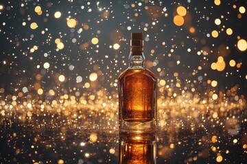 Poster - Elegant liquor bottle on a reflective surface, surrounded by sparkling lights.