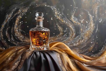 Poster - Ornate decanter rests elegantly on rich fabric draped backdrop.