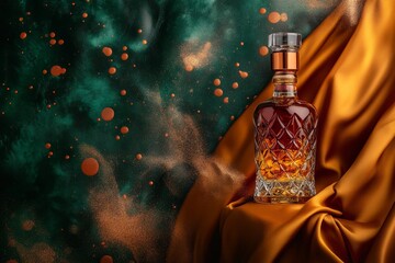 Poster - Elegant amber liquor bottle on rich fabric backdrop.