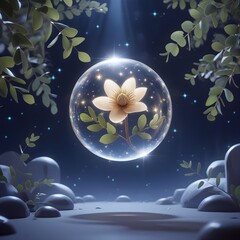 Wall Mural - A luminous flower encased in a glowing orb hovers above a serene path surrounded by foliage. Gentle light streams down, illuminating the scene with a magical and enchanting atmosphere.