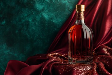Poster - Elegant amber bottle nestled amidst rich crimson fabric.
