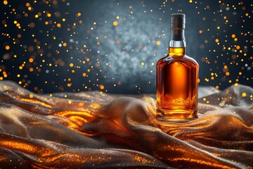 Poster - Elegant liquor bottle rests on shimmering fabric backdrop.