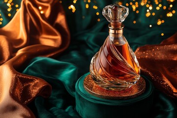 Poster - Elegant glass bottle of amber liquid on a velvet pedestal.