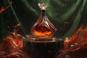 Poster - Elegant liquor bottle amidst liquid splashes.