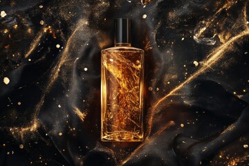 Poster - Golden perfume bottle on a dark fabric background.