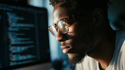 Man coding software developer programmer working on computer screen with glasses in dark room at night