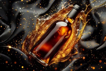 Poster - Elegant dark bottle with golden splash on fabric.