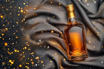 Poster - Elegant dark bottle rests on draped fabric with golden glitter.
