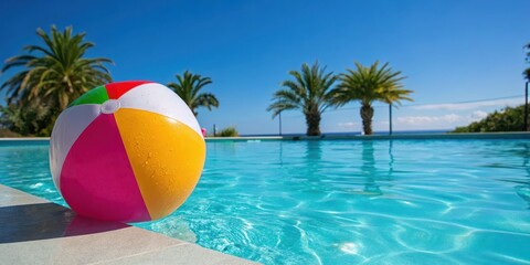 colorful beach ball floating beside a clear pool with palm trees under a bright blue sky.