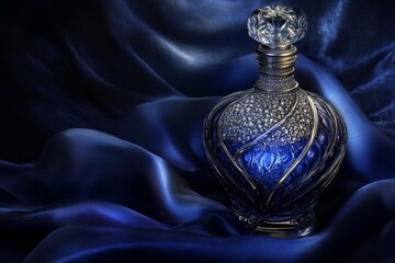 Poster - Elegant, dark blue perfume bottle on luxurious fabric.