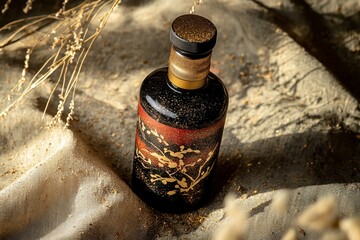 Poster - Detailed view of a decorative bottle on a fabric surface.