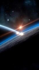 Wall Mural - dramatic view of planet surface and celestial objects, cosmic scenery with galaxy and stars in space