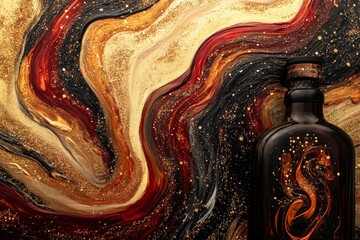 Poster - Elegant dark bottle set against swirling golden, red, and black abstract design.