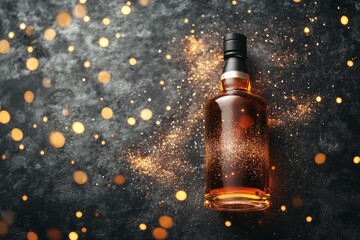 Poster - Elevated whisky bottle on dark textured surface with festive sparkles.