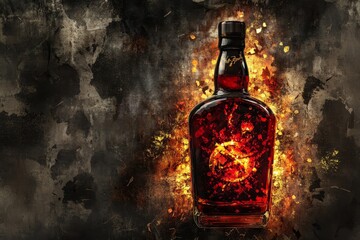 Poster - Intensely lit bottle of dark spirit amidst fiery flames.