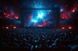 © Aleksandra - Crowded movie theater with a vivid cosmic space scene on the large screen, dim warm lighting, and attentive audience in a dark setting