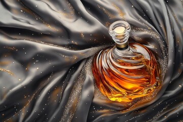 Poster - Elegant glass bottle resting on luxurious fabric.