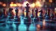 © Milana - Close-up of black chess pieces including king, bishop, knight, and pawn on a reflective chessboard with warm bokeh lights in background evoking focus and strategy