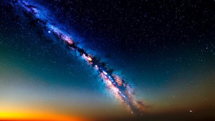 Vibrant colorful milky way and stars against a dark blue night sky with a horizon creating a sense of wonder and cosmic beauty