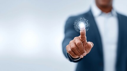 Wall Mural - person in suit touching a glowing digital interface against a light background.