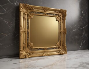 Wall Mural - Intricately carved golden frame against veined marble slab ,  vintage,  object