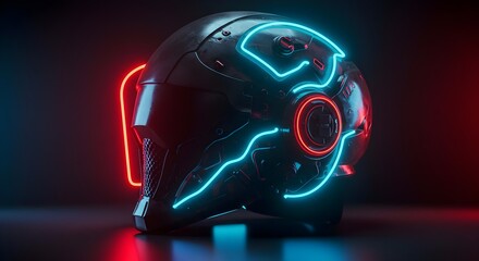 Wall Mural - Futuristic Helmet with Neon Lights and Reflections on Dark Surface