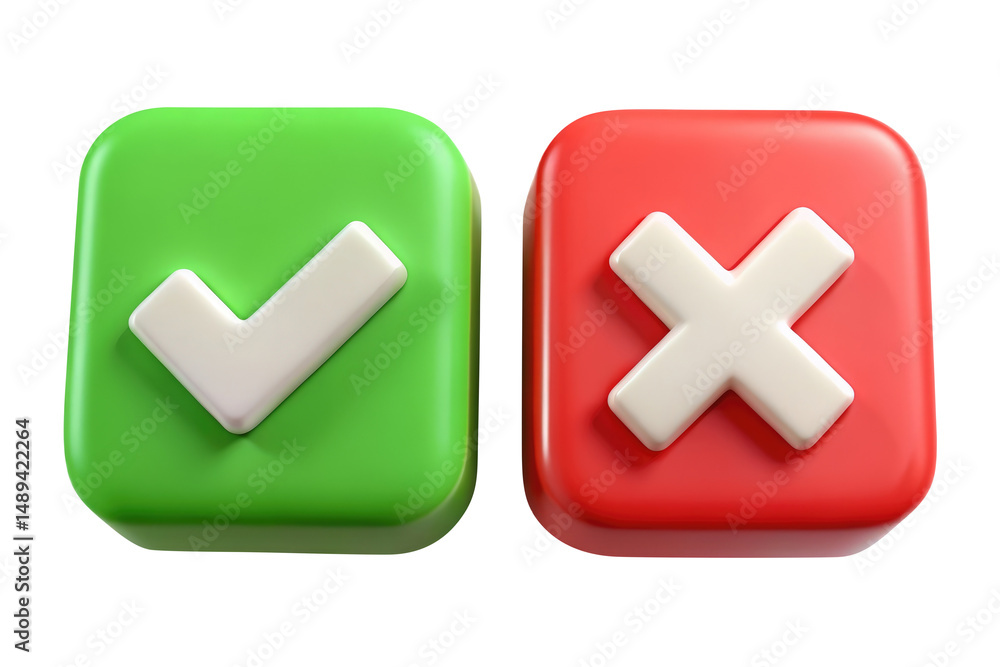 3D Green Check Mark and Red Cross Icon Set for UI, App Feedback, or ...