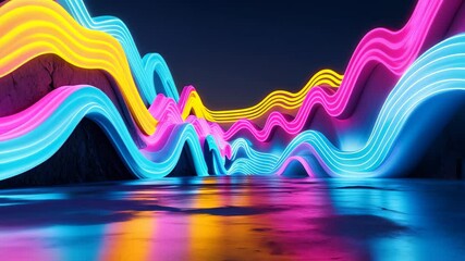 Wall Mural - vibrant abstract background with glowing neon waves in pink, blue, and yellow on a dark surface