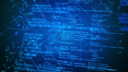 abstract background futuristic digital screen with glowing blue source code and connected line