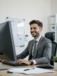 © fuwen - A business man working at his desk with a computer and laptop.