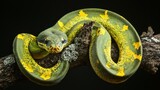 Close-up of a green tree python coiled around a branch, focusing on the texture of its scales