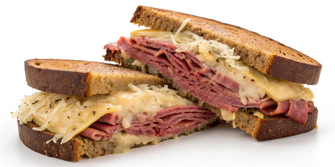 Hearty pastrami Reuben sandwich with sauerkraut and Swiss cheese on rye, shown isolated for food promotion use.