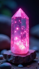 Wall Mural - Pink crystal is lit up with a blue glow. The crystal is sitting on a rock
