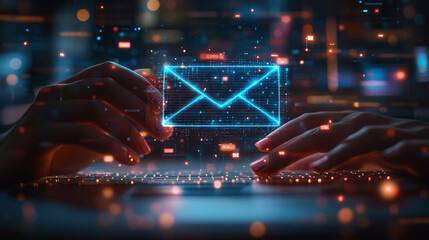 Digital email message hands typing on laptop keyboard modern technology futuristic communication network .