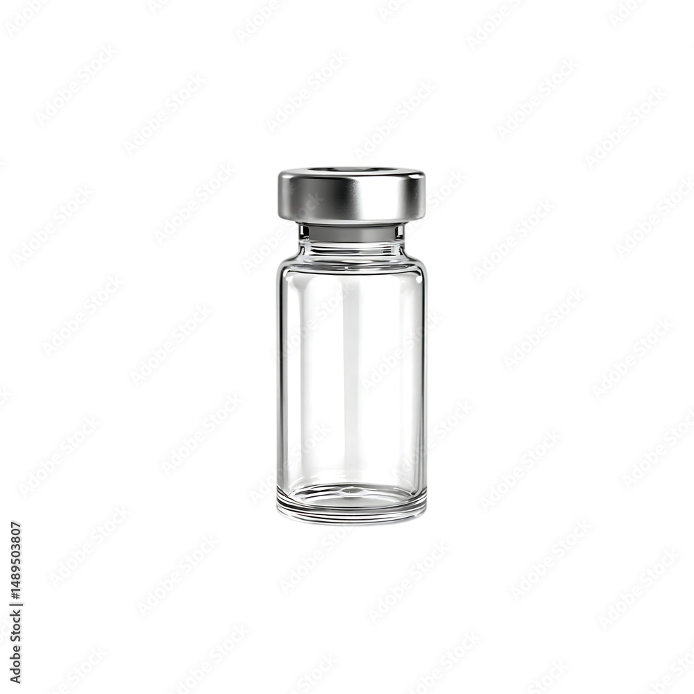 A clear glass vial with a silver cap isolated on a white or transparent background in a studio shot close up view