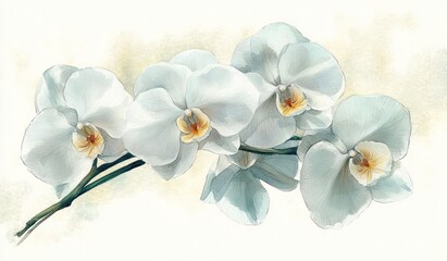 Close-up of delicate white orchid flowers with soft yellow and orange centers on a single green stem against a light background