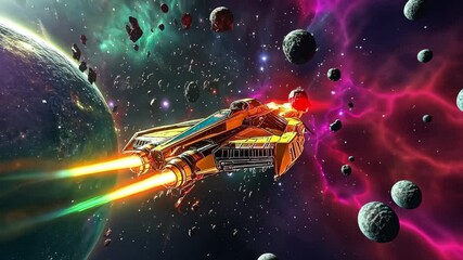 Wall Mural - colorful spacecraft gliding through a vibrant asteroid field in deep space, a beautiful flight in a 