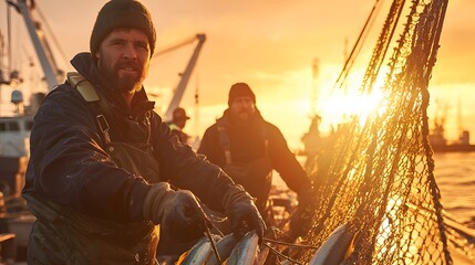 Poster - photo-realistic image of dock workers loading traceable eco-labeled fish, golden early morning light, cinematic scene