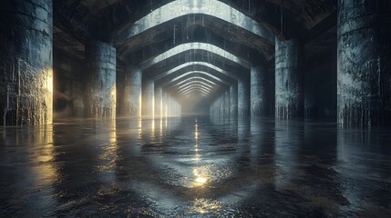Aufkleber - Inspection light trailing across waterlogged expansion joints, decay spotlight, ambient technical realism, Cinematic Scene