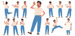 © tynyuk - Set of character young cheerful asian guy in different actions on white background. Vector illustration